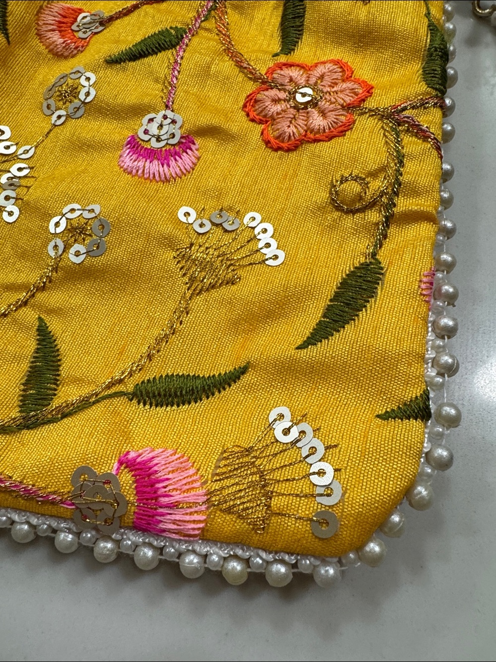 Yellow Floral Embroidered Indian potli Bag - Picture 7 of 10